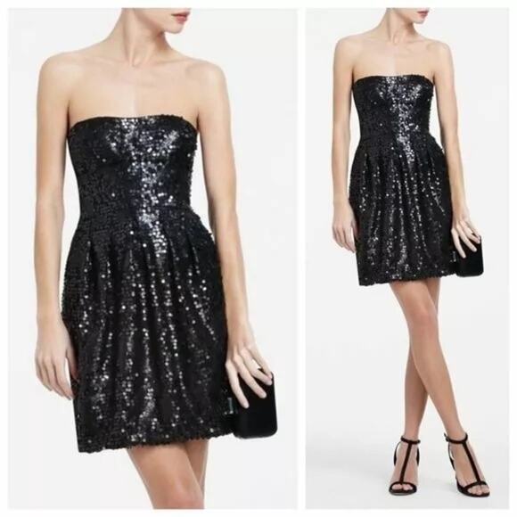 BCBGMaxAzria Carole Strapless Black Sequin Mini Dress Lined Zipper Back Party 4 - Picture 1 of 12